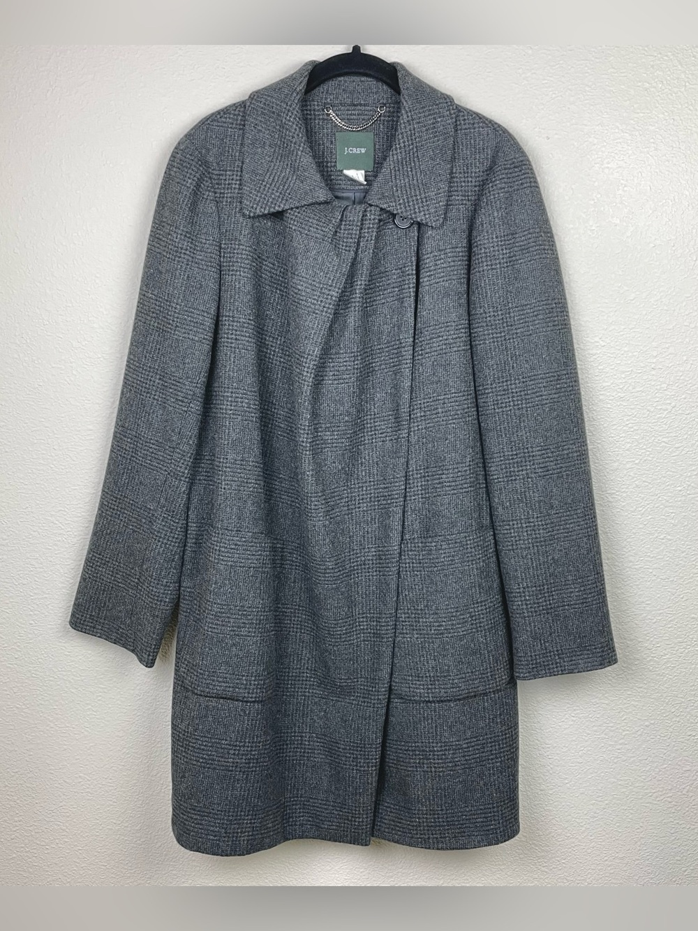J.Crew Women's 10 Gray Plaid 100% Wool Blend Overcoat Highneck Posh Academia - Picture 1 of 16